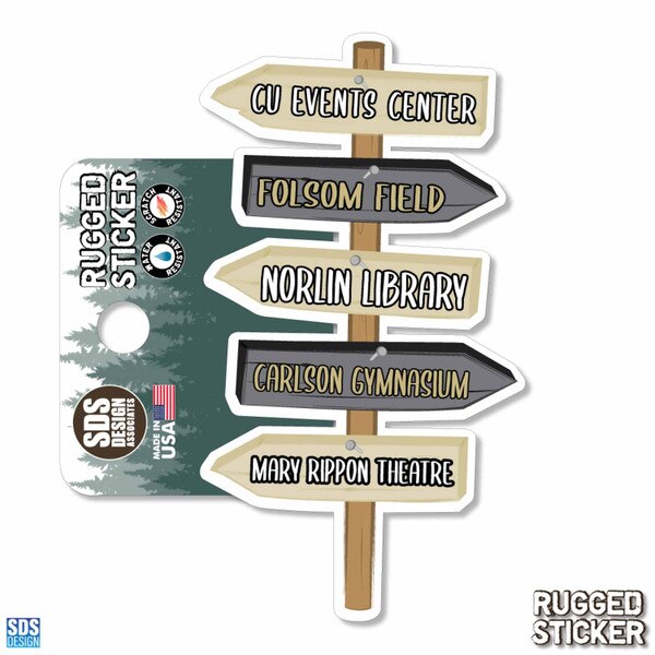 CU Buffaloes rugged sticker shaped like a directional signpost with arrows pointing to CU Events Center, Folsom Field, Norlin Library, Carlson Gymnasium, and Mary Rippon Theatre.